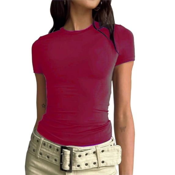 Fnochy Women's Yoga Tops Clearance Short Sleeve Solid Color Basics Crewneck Casual Pullover T-shirt