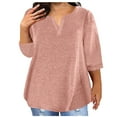thumbnail image 1 of Fnooota 3/4 Sleeve Shirts for Women Plus Size, V Neck Casual Solid Color Summer Tops Pink Size 2XL, 1 of 6
