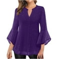 thumbnail image 1 of Fnooota 3/4 Sleeve Shirts for Women, Solid Color Mesh V Neck Casual Summer Tops Purple Size S, 1 of 7