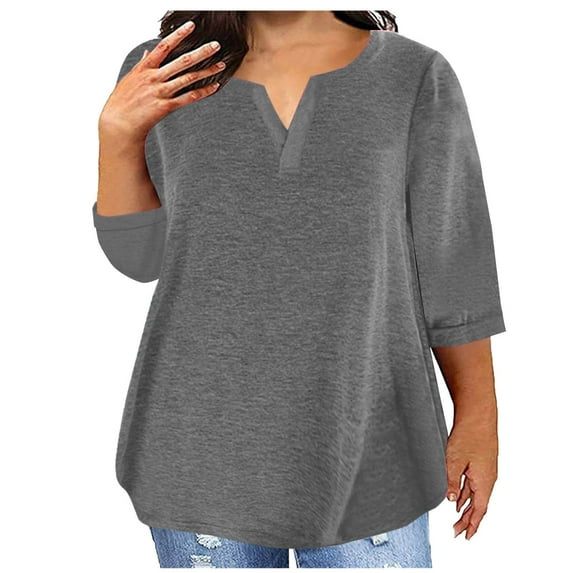 Fnooota 3/4 Sleeve Shirts for Women, Solid Color Plus Size V Neck Summer Tops Dark Gray Size L