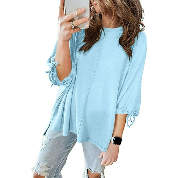 Fnooota 3/4 Sleeve Shirts for Women, Summer Crew Neck Casual Loose Ladies Shirts Blue Size XL