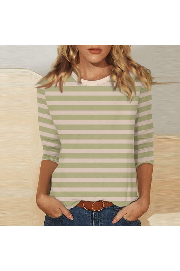 3/4 Sleeve Tops for Women, Casual Pullover Stripe Spring and Autumn Blouses Army Green Size 2XL