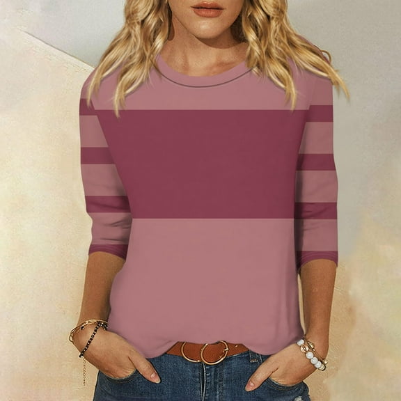 Fnooota 3/4 Sleeve Tops for Women, Casual Pullover Stripe Spring and Autumn Blouses Purple Size 2XL