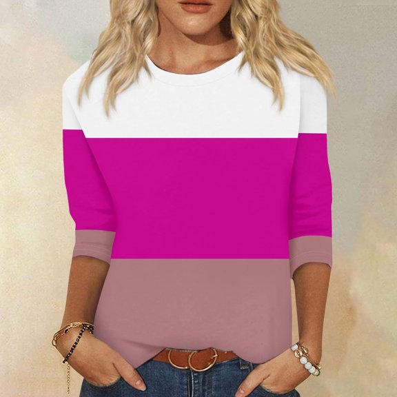 Fnooota 3/4 Sleeve Tops for Women, Casual Stripe Pullover Spring and Autumn Blouses Hot Pink Size XL