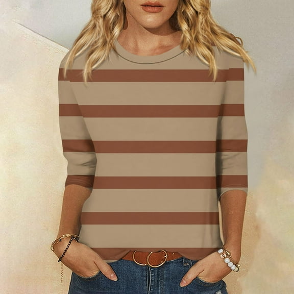 Fnooota 3/4 Sleeve Tops for Women, Casual Stripe Pullover Spring and Autumn Blouses Khaki Size XL