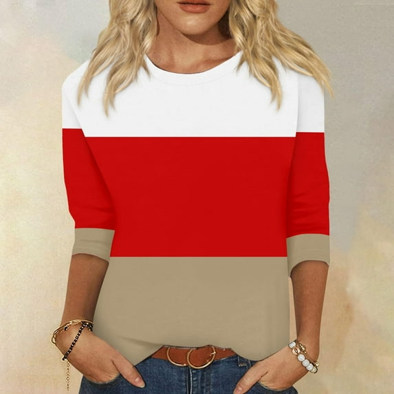 Fnooota 3/4 Sleeve Tops for Women, Casual Stripe Pullover Spring and Autumn Blouses Orange Size M