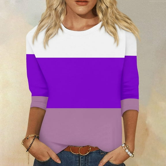 Fnooota 3/4 Sleeve Tops for Women, Pullover Casual Stripe Spring and Autumn Blouses Purple Size M