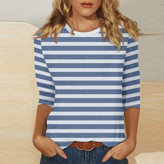 Fnooota 3/4 Sleeve Tops for Women, Stripe Casual Pullover Spring and Autumn Blouses Blue Size S