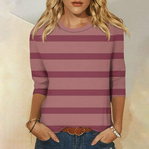 Fnooota 3/4 Sleeve Tops for Women, Stripe Casual Pullover Spring and Autumn Blouses Pink Size S