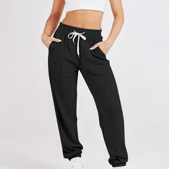 Fnooota Athletic Sweatpants for Women, Drawstring Casual Workout Elastic Waist Jogger Pants Black Size S