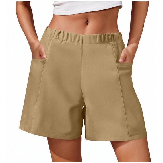 Fnooota Bermuda Shorts for Women 2025, Elastic Waist Summer Casual Loose Wide Leg Shorts Khaki Size XL