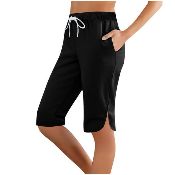 Fnooota Bermuda Shorts for Women 2025, Running Knee Length Drawstring Elastic Waist Workout Shorts Black Size S-2XL