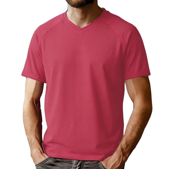 Fnooota Big Men's T-Shirts, Basic Casual V Neck Short Sleeve Summer Tops Classic Tees Red Size L