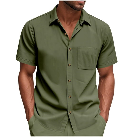 Fnooota Big & Tall Men's Button Down Shirts, Summer Collared Casual Vacation Short Sleeve Shirts Army Green Size 3XL