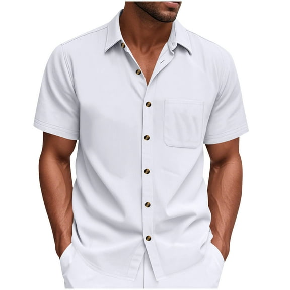 Fnooota Big & Tall Men's Button Down Shirts, Summer Collared Casual Vacation Short Sleeve Shirts White Size 3XL