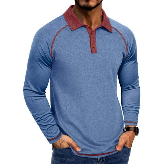 Fnooota Big & Tall Men's Casual Polo Shirts, Collared Spring Fall Pullover Work Long Sleeve Tops Light Blue Size 3XL