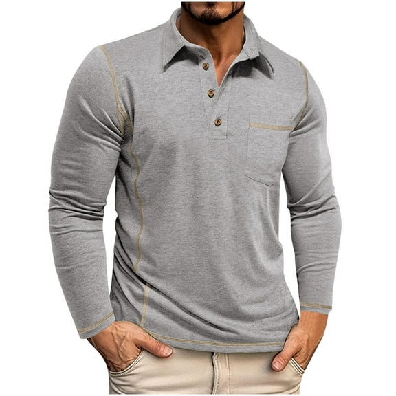 Fnooota Big & Tall Men's Casual Polo Shirts, Lapel Spring Fall Work Pullover Long Sleeve Tops Gray Size 3XL