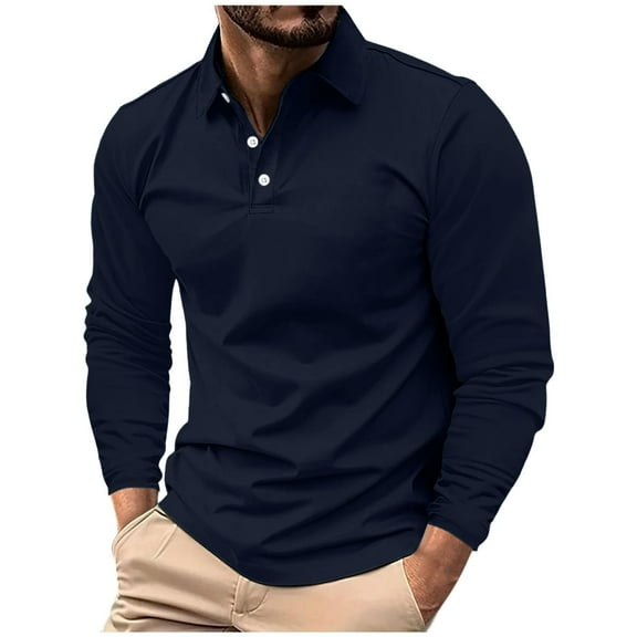 Fnooota Big & Tall Men's Casual Polo Shirts, Long Sleeve Solid Color Collared Pullover Fall Tops Navy Size 3XL
