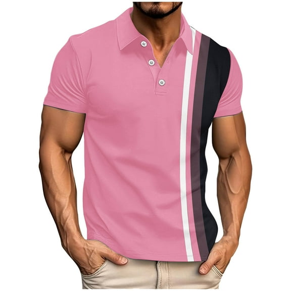 Fnooota Big & Tall Men's Casual Polo Shirts, Work Pullover Collared Summer Short Sleeve Tops Pink Size 4XL