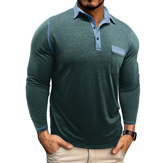 Fnooota Big & Tall Men's Long Sleeve Polo Shirts, Casual Buttons Solid Color Collared Pullover Tops Green Size 3XL