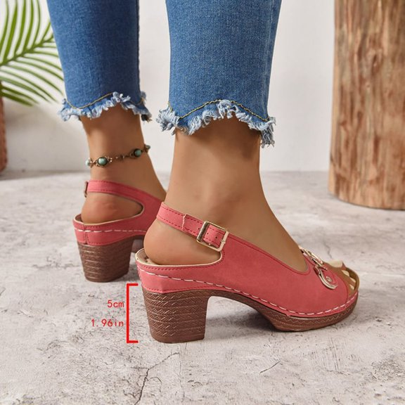 Fnooota Block Heel Sandals for Women, Non-slip Ankle Strap Open Toe Adjustable Summer Shoes Red Size 9