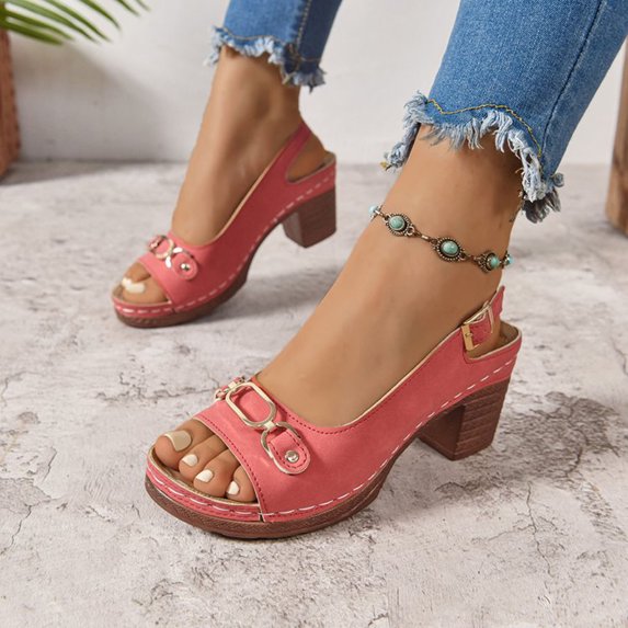 Fnooota Block Heel Sandals for Women, Open Toe Casual Ankle Strap Summer Chunky Sandals Red Size 5.5