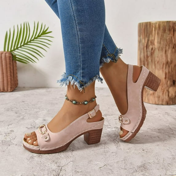 Fnooota Block Heel Sandals for Women, Open Toe Summer Casual Ankle Strap Chunky Sandals Pink Size 8.5