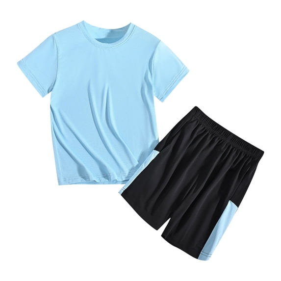 Fnooota Boys Athletic Outfit Sets, Summer Short Sleeve 2 Piece Breathable Kids Clothing Sets Light Blue Size 10-12
