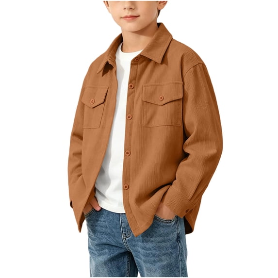 Mooqilaa Boys Button Down Shirts, Corduroy Casual Spring Fall Collared Long Sleeve Shirts Khaki Size 6-7 T