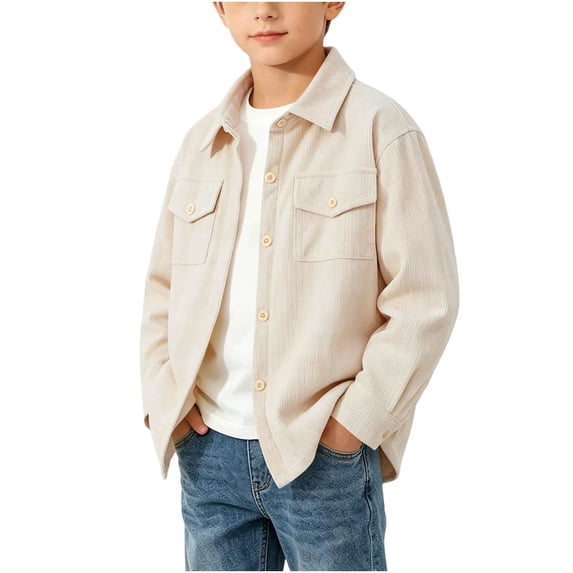 Mooqilaa Boys Button Down Shirts Size 10-12, Collared Spring Fall Corduroy Casual Long Sleeve Shirts Beige