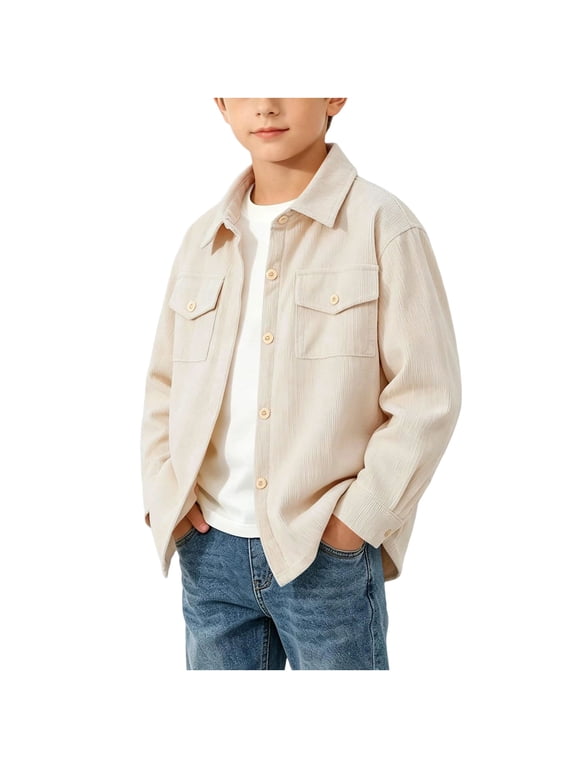 Boys Button Down Shirts Size 10-12, Collared Spring Fall Corduroy Casual Long Sleeve Shirts Beige