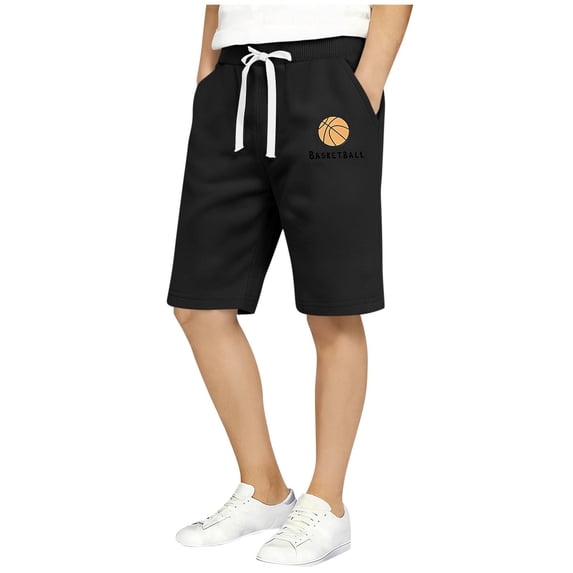 FSYBOA Boys Cotton Shorts, Casual Knee Length Drawstring Elastic Waist Athletic Shorts Black Size 10-12 T