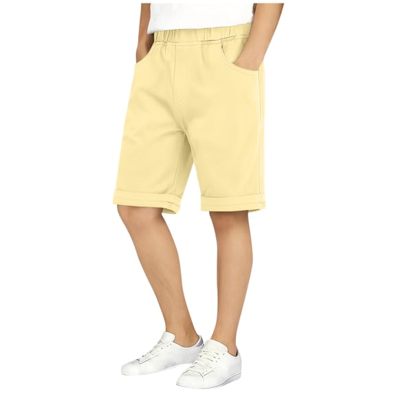 FSYBOA Boys Cotton Shorts, Elastic Waist Summer Casual Knee Length Athletic Shorts Beige Size 5-6 T