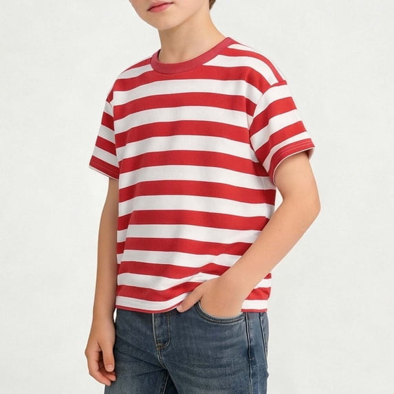 Fnooota Boys Cotton T-shirts, Short Sleeve Stripe Crew Neck Casual Kids Tees Red Size 9-10 T