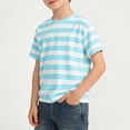 thumbnail image 1 of Fnooota Boys Cotton T-shirts, Stripe Casual Crew Neck Short Sleeve Kids Tees Light Blue Size 10-12, 1 of 5