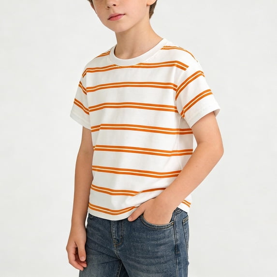 Fnooota Boys Cotton T-shirts, Summer Casual Short Sleeve Stripe Kids Summer Tees Orange Size 1-2 T
