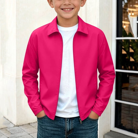 Mooqilaa Boys Lightweight Jackets, Long Sleeve Outdoor Stand-up Collar Zip up Kids Windbreaker Hot Pink Size 11-12 T
