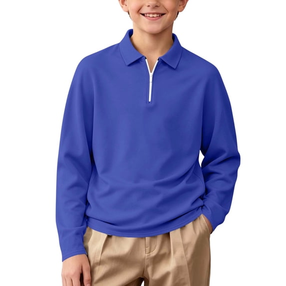 Mooqilaa Boys Long Sleeve Polo Shirts, Half Zip Collared Casual School Uniform Fall Tops Blue Size 14-15T