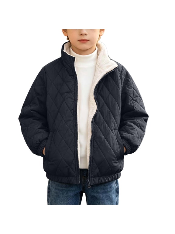 Boys Sherpa Lined Jackets, Warm Stand Collar Full Zip Quilted Fall Winter Outerwear Black Size 12-13 T