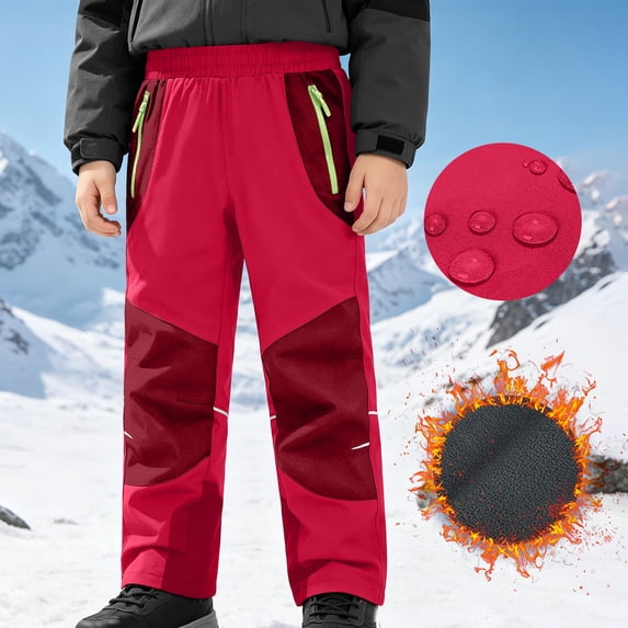 Mooqilaa Boys Snow Pants, Elastic Waist Waterproof Fleece Lined Thermal Ski Pants with Zipper Pockets Red Size 11-12 T