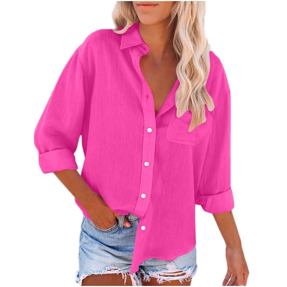 Fnooota Button Down Shirts for Women, Cotton Linen Long Sleeve Solid Color Fall Tops Hot Pink Size XL