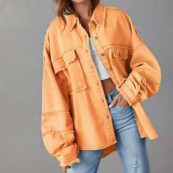 Fnooota Button Down Shirts for Women, Long Sleeve Denim Solid Color Tops with Pockets Orange Size L