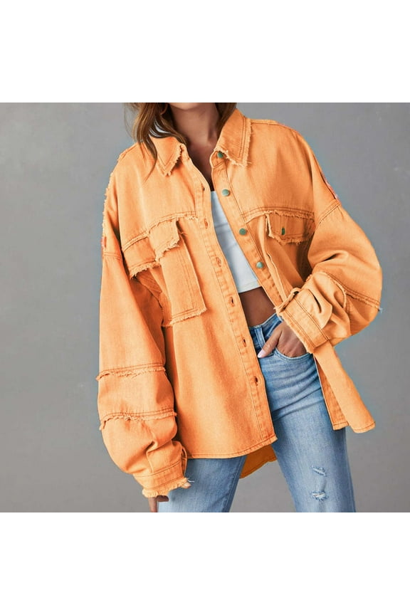 Button Down Shirts for Women, Long Sleeve Denim Solid Color Tops with Pockets Orange Size S