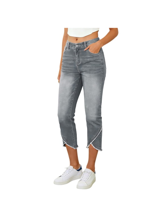 Capri Jeans for Women, Slim Fit Summer Crossed Hem Stretchy Womens Denim Capris Dark Gray Size XL