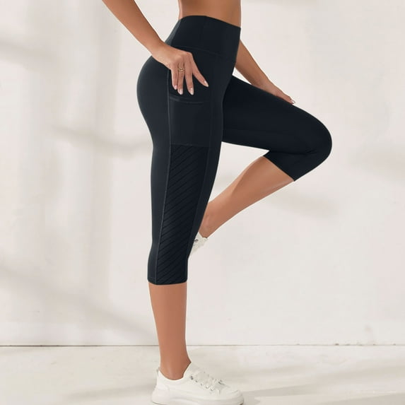 Fnooota Capri Leggings for Women, Athletic Yoga Stretchy High Waist Capri Pants Black Size M