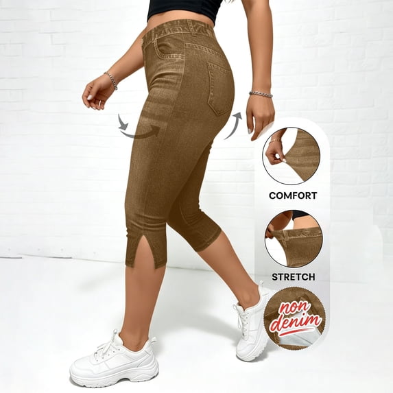 Fnooota Capris Pants for Women, Casual No Pockets Summer Slim Fit Stretchy Faux Denim Capris Khaki Size XL