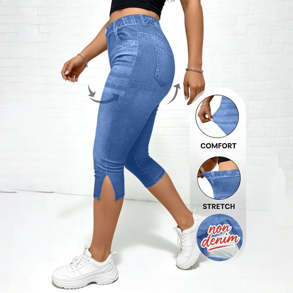 Fnooota Capris Pants for Women, Slim Fit Summer Casual No Pockets Stretchy Faux Denim Capris Dark Blue Size S