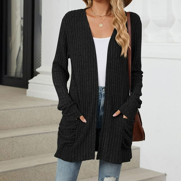 Fnooota Cardigan Sweaters for Women, Long Sleeve Spring and Autumn Outerwear with Pockets Black Size 2XL