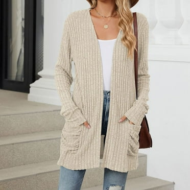 Fnooota Cardigan Sweaters for Women, Spring and Autumn Long Sleeve Outerwear with Pockets Beige Size XL