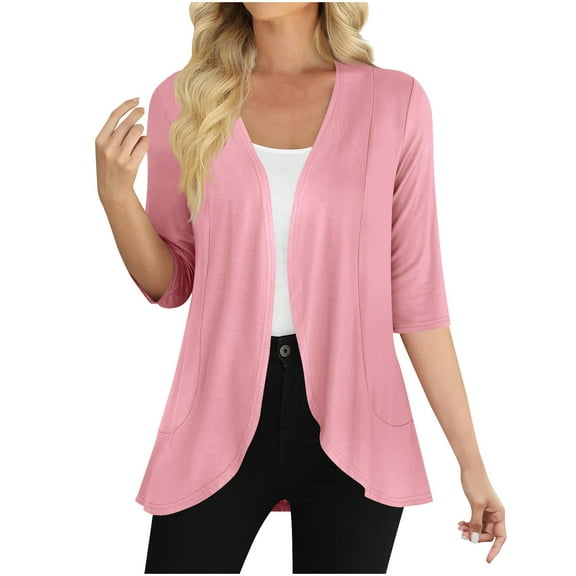 Fnooota Cardigans for Women, Open Front Lightweight 3/4 Sleeve Casual Shrugs for Dresses Pink Size 2XL
